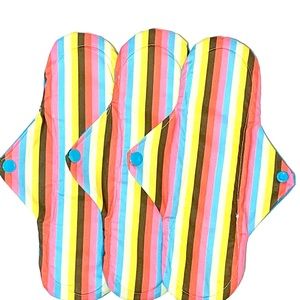 New Menstrual Pad set of 3 (three) in a fun, retro striped print. Heavy Pads.